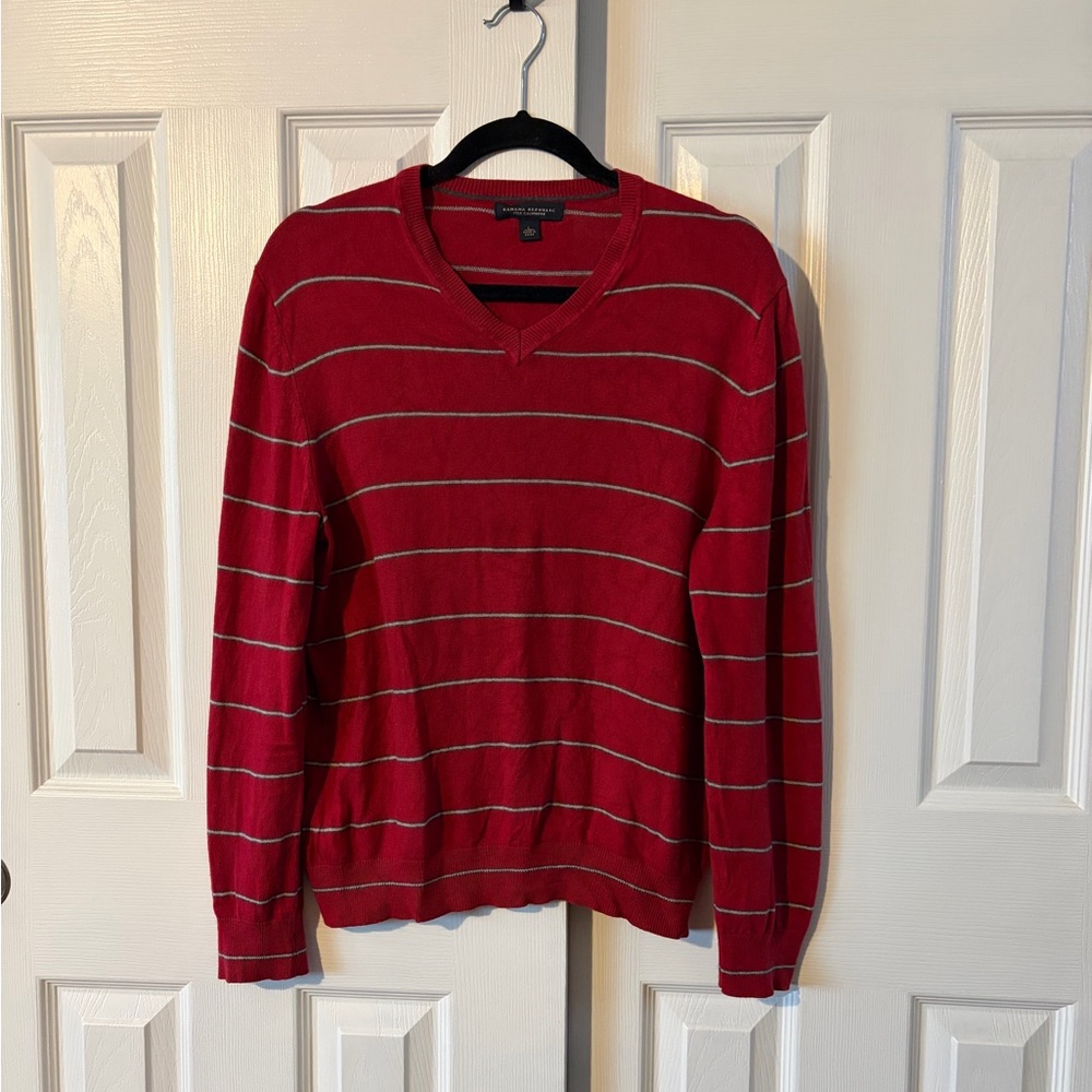 Mens Banana Republic Silk And Cashmere Red Striped V-Neck Sweater Size Large